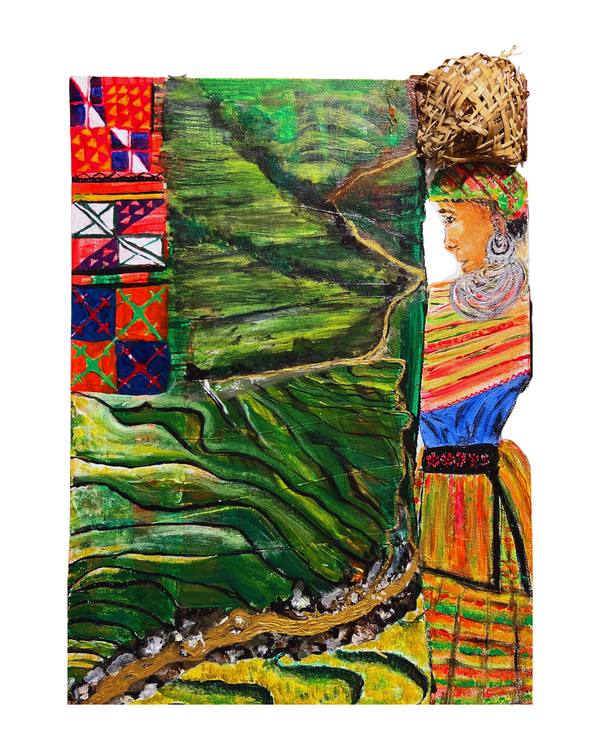 Artwork panel with green rice terraces and a colorful robed woman profile.