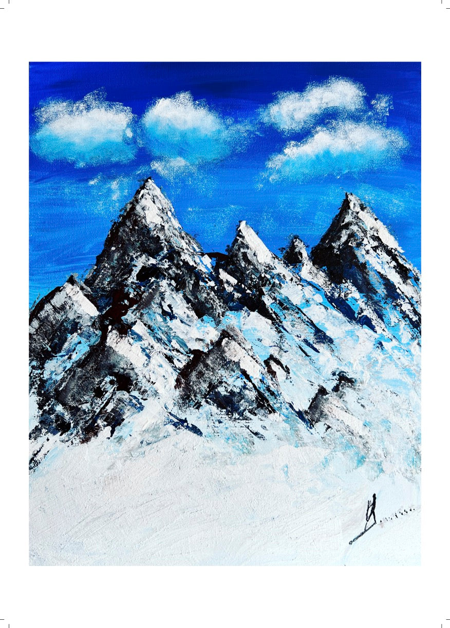 Mountain landscape wall art with jagged snowy peaks, bright blue sky, and white texture