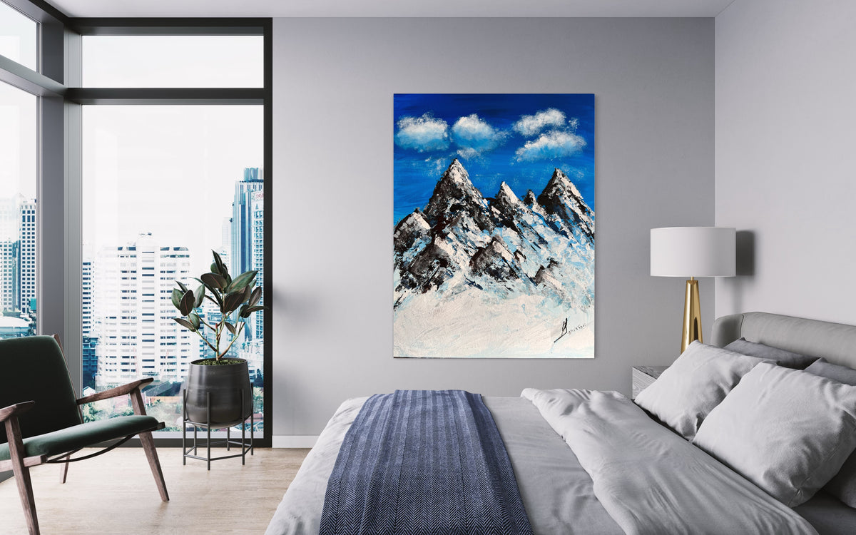 Mountain peak painting with vivid blue sky, cloudlike texture, and snowy black-and-white ridges
