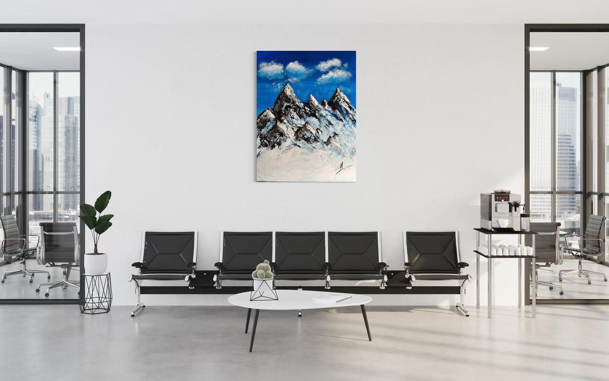 Snowy mountain peaks wall art with vivid blue sky and textured cloud detail