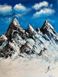 Textured mountain peak painting with vivid blue sky, snowy ridges, and small signature