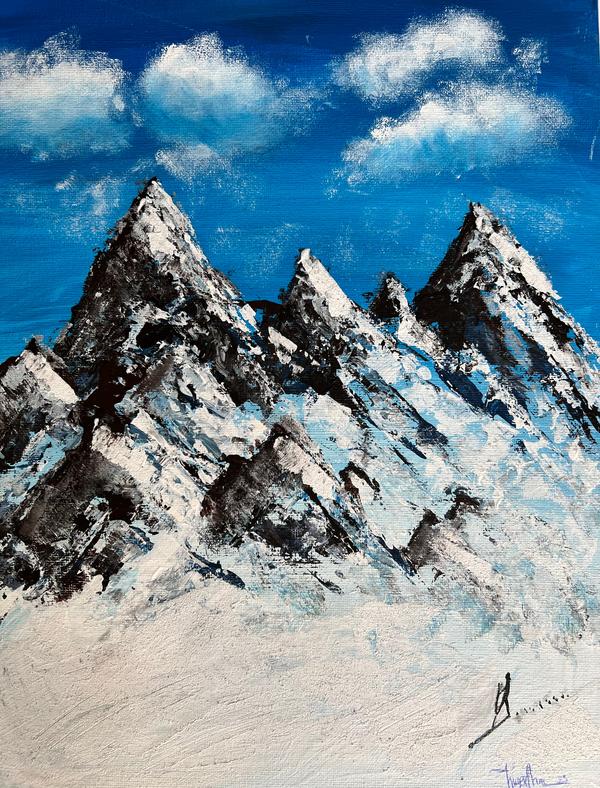 Textured mountain peak painting with vivid blue sky, snowy ridges, and small signature