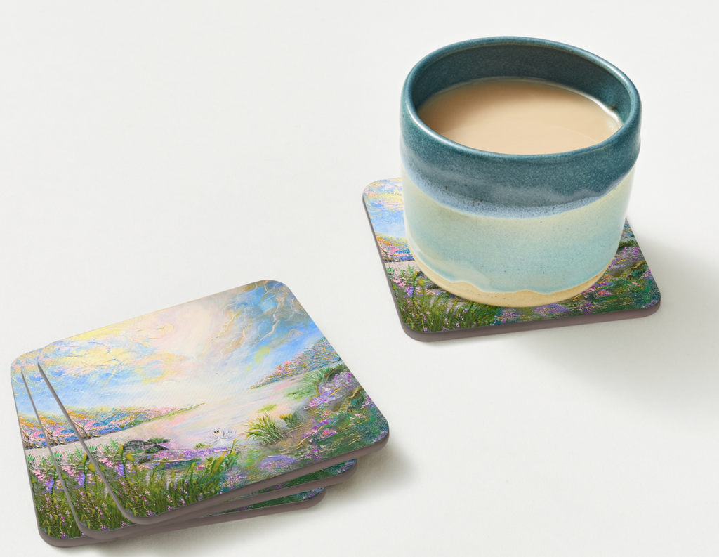 Set of four  9.5cm art coaster featuring a painted swan lake scene with wildflowers and a glowing pastel sky