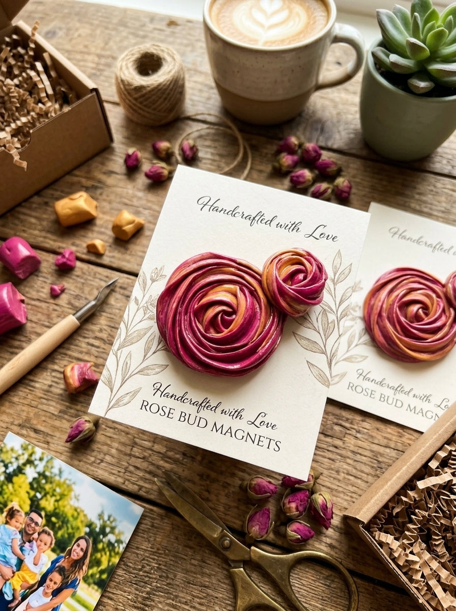 Handmade rose bud magnet gift cards with pink and magenta rosette flowers