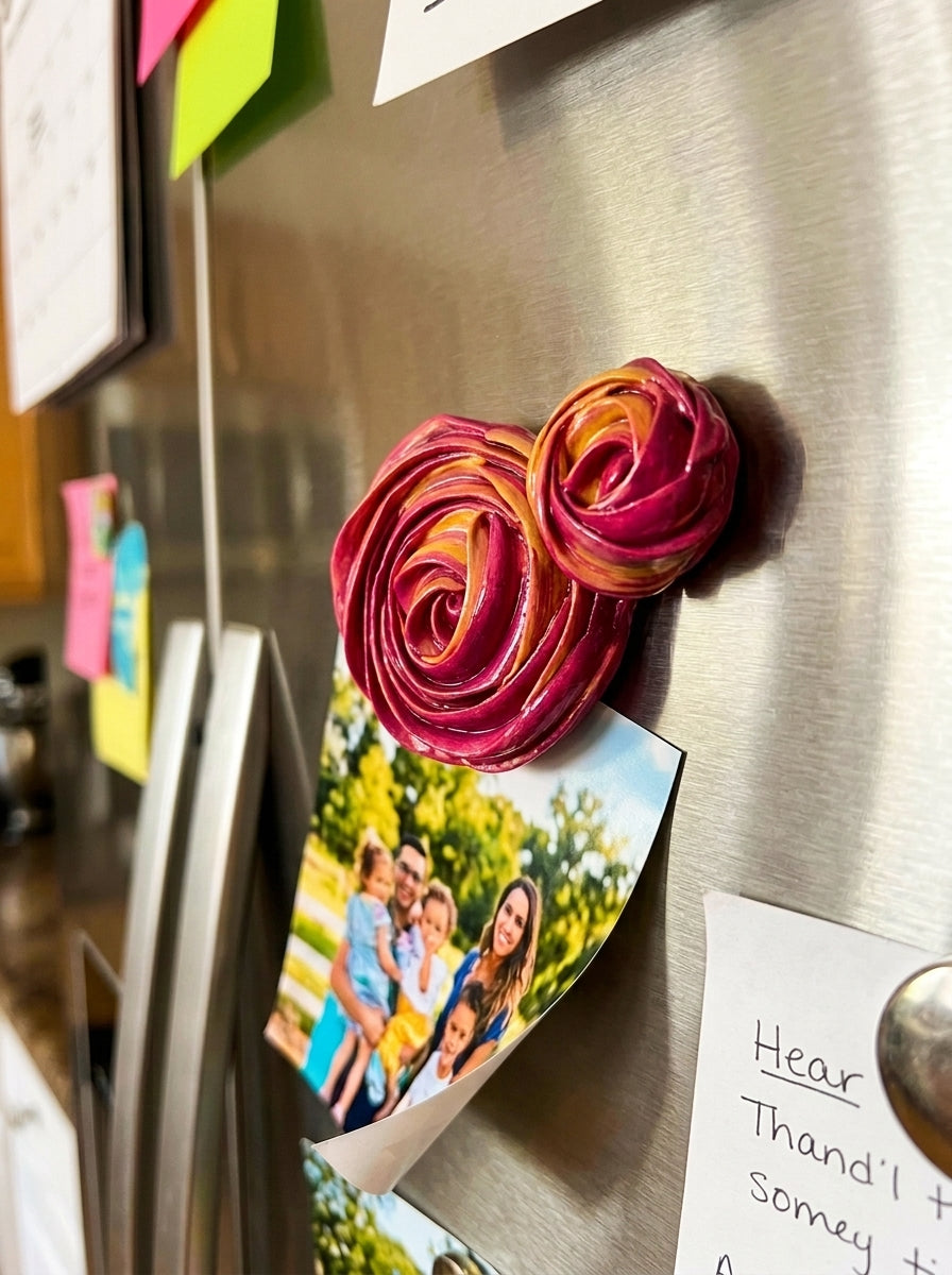 Rose bud fridge magnet set on metal with photo card backing