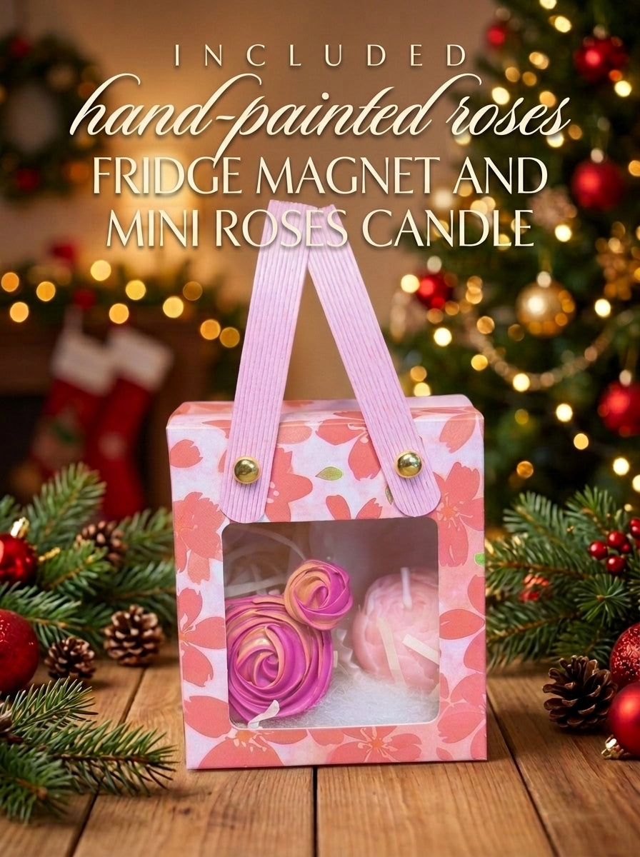 Christmas gift box with handle featuring painted rose rosette and mini candle