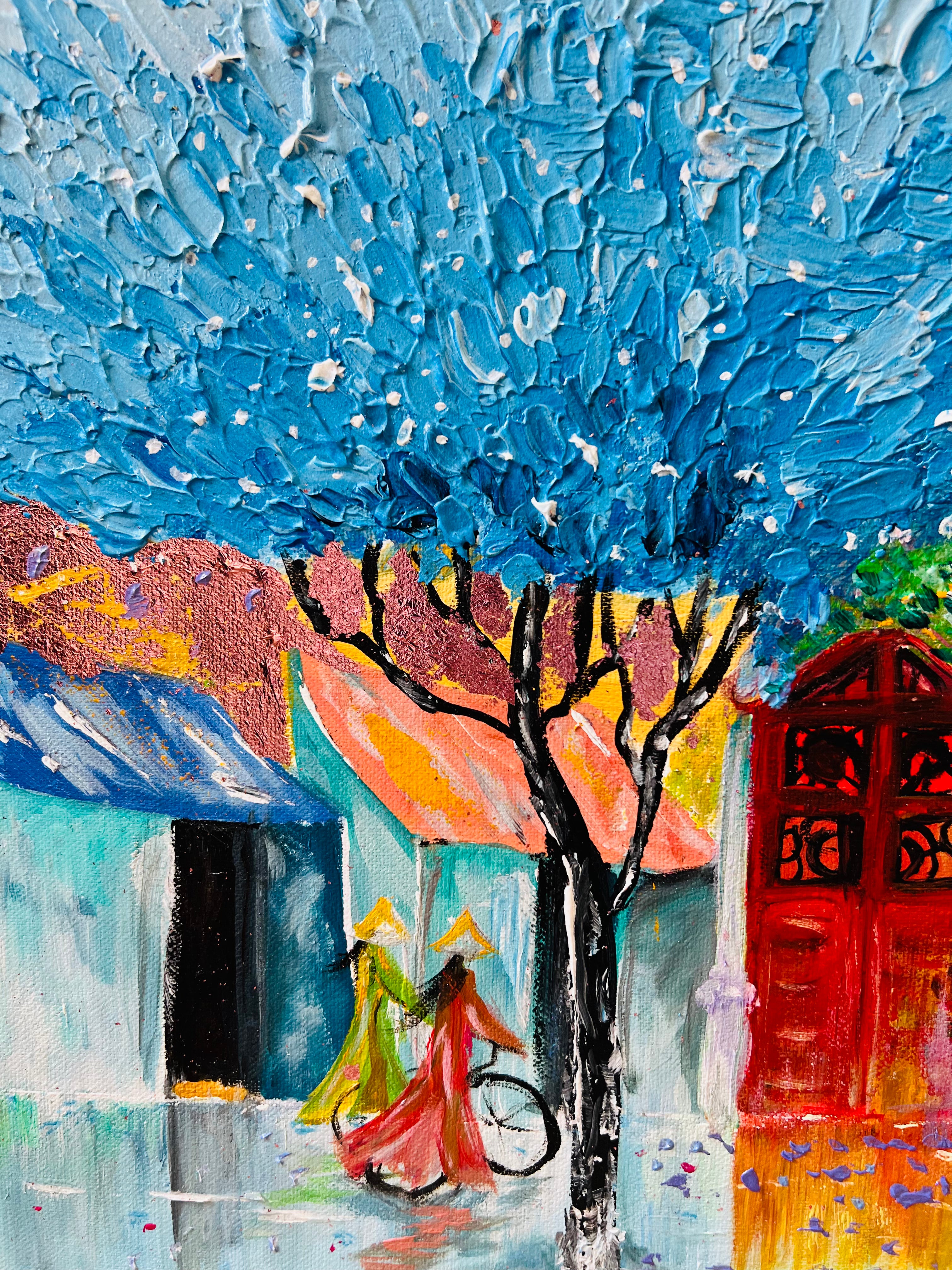 HANOI OLD TOWN Textured Landscape Painting 3D ART Rose Gold leaves Vietnam landscape