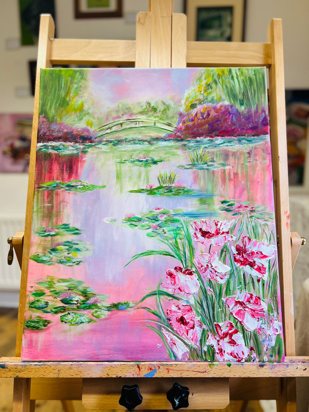 Bridge over a pond of water lily