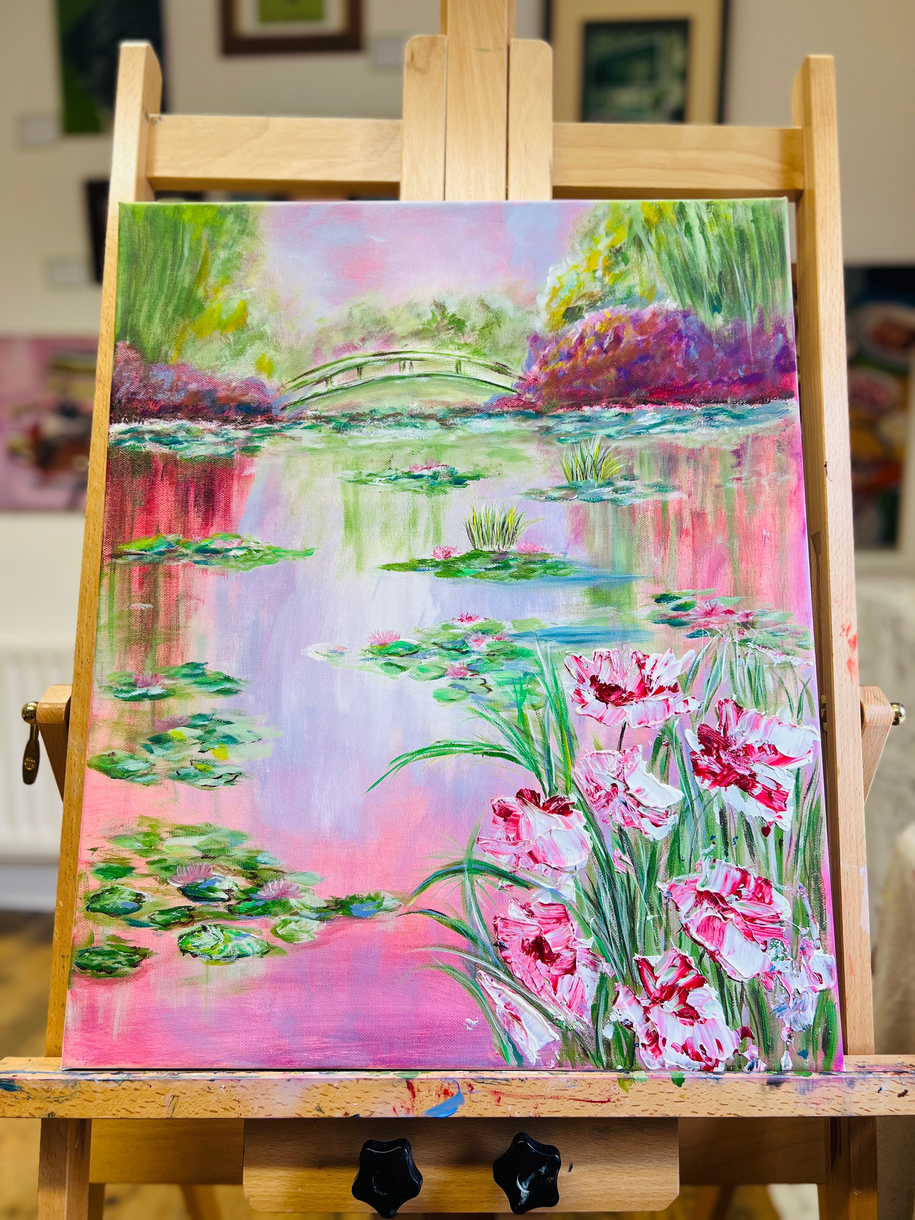 Bridge over a pond of water lily