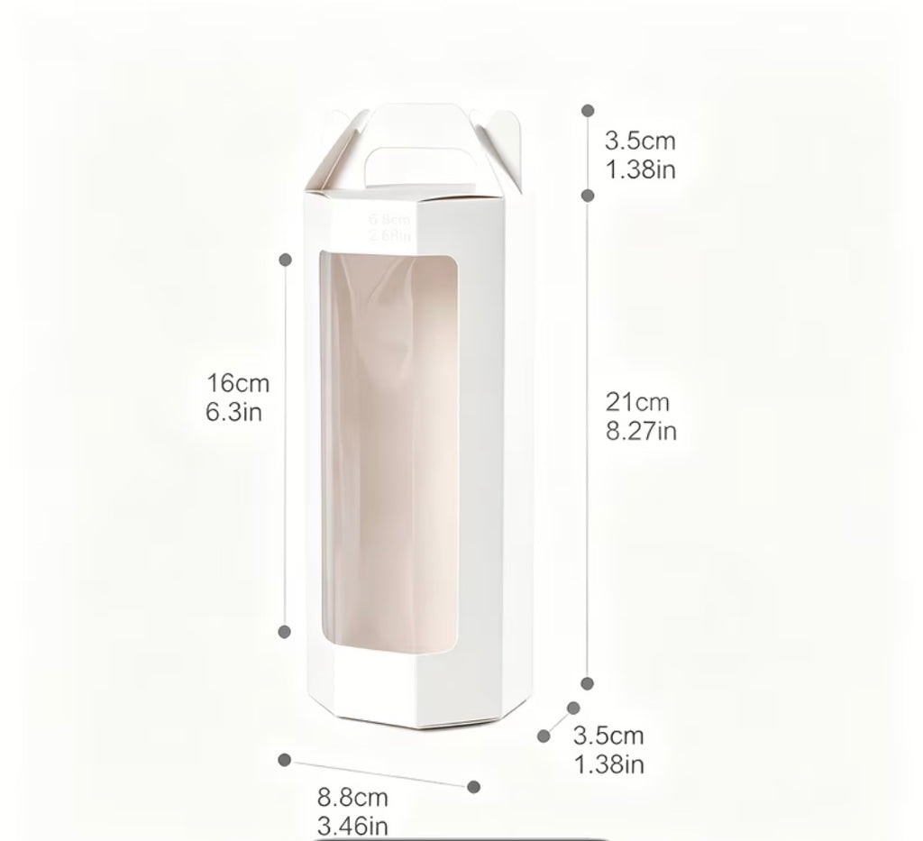 Hand-painted glassware flute in white gift box, tall clear cylinder silhouette