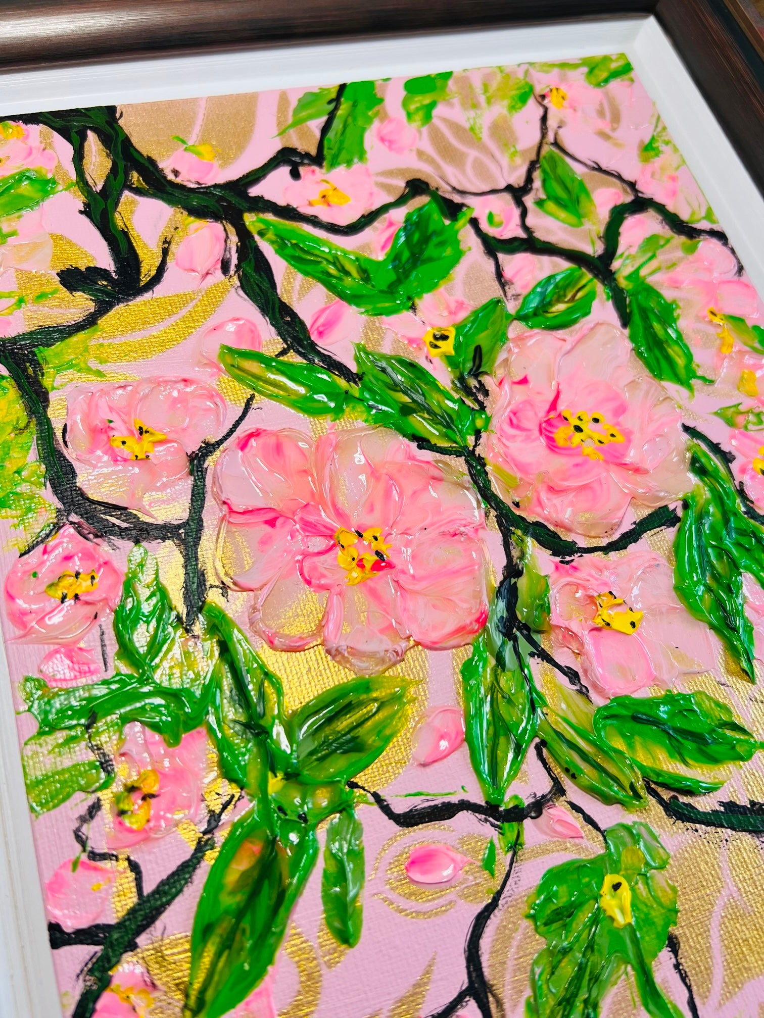 SPRING IS HERE  painting with golden background and textured cherry blossomed