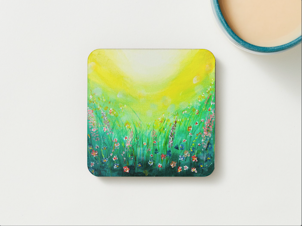 Square wildflower meadow coaster with yellow-green sky, tall grass, and scattered wildflowers