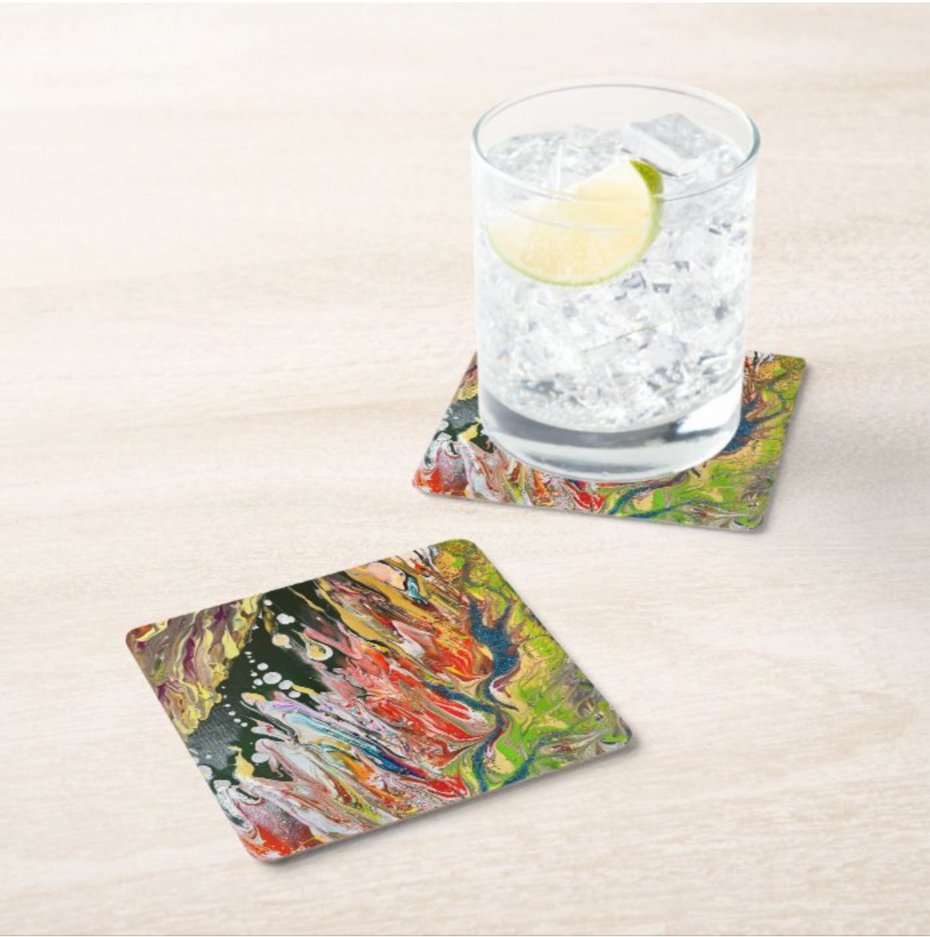 Abstract acrylic pouring hardboard coaster, colorful marbled paint splash design