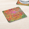 Colorful abstract coaster with green, red and purple radial burst paint