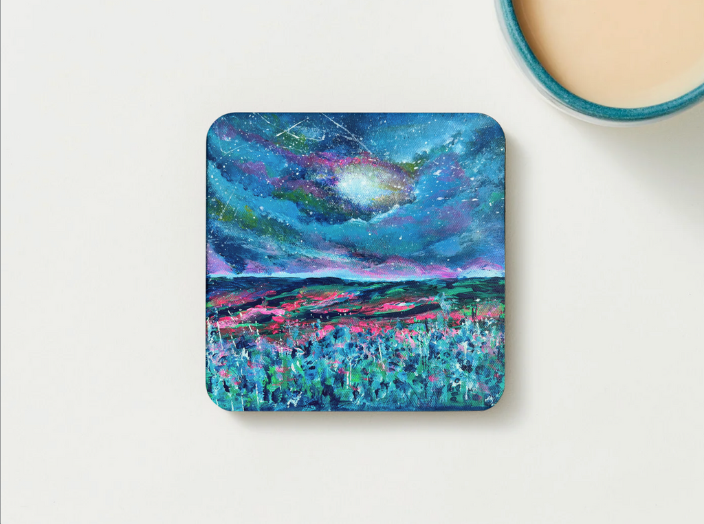 Square hardboard coaster featuring colorful galaxy sky and landscape print