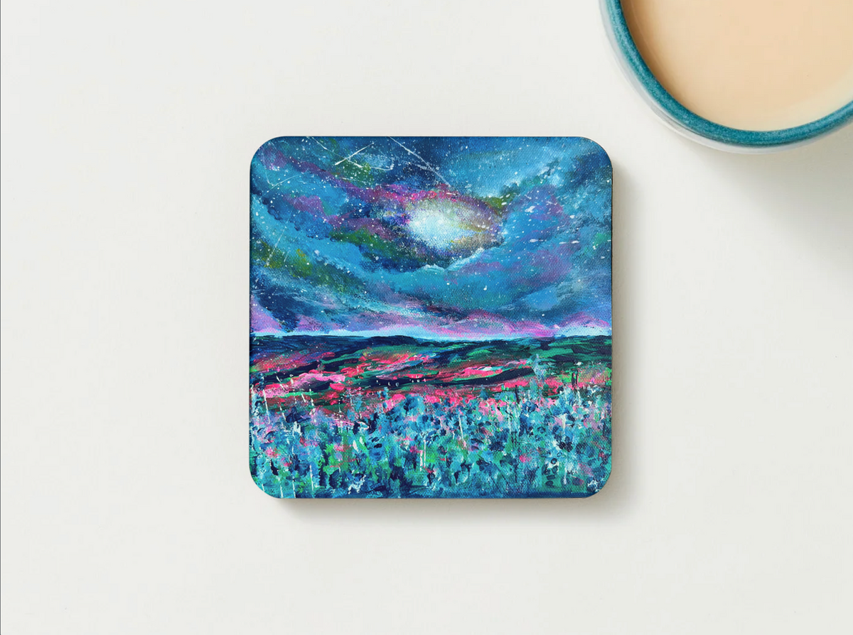 Square hardboard coaster featuring colorful galaxy sky and landscape print