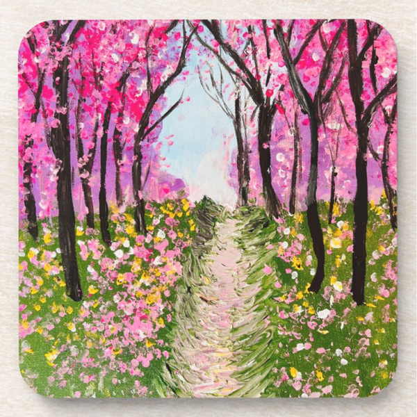 Glossy 9.5cm square hardboard coaster featuring a vibrant pink cherry blossom tree painting and a scenic garden path.