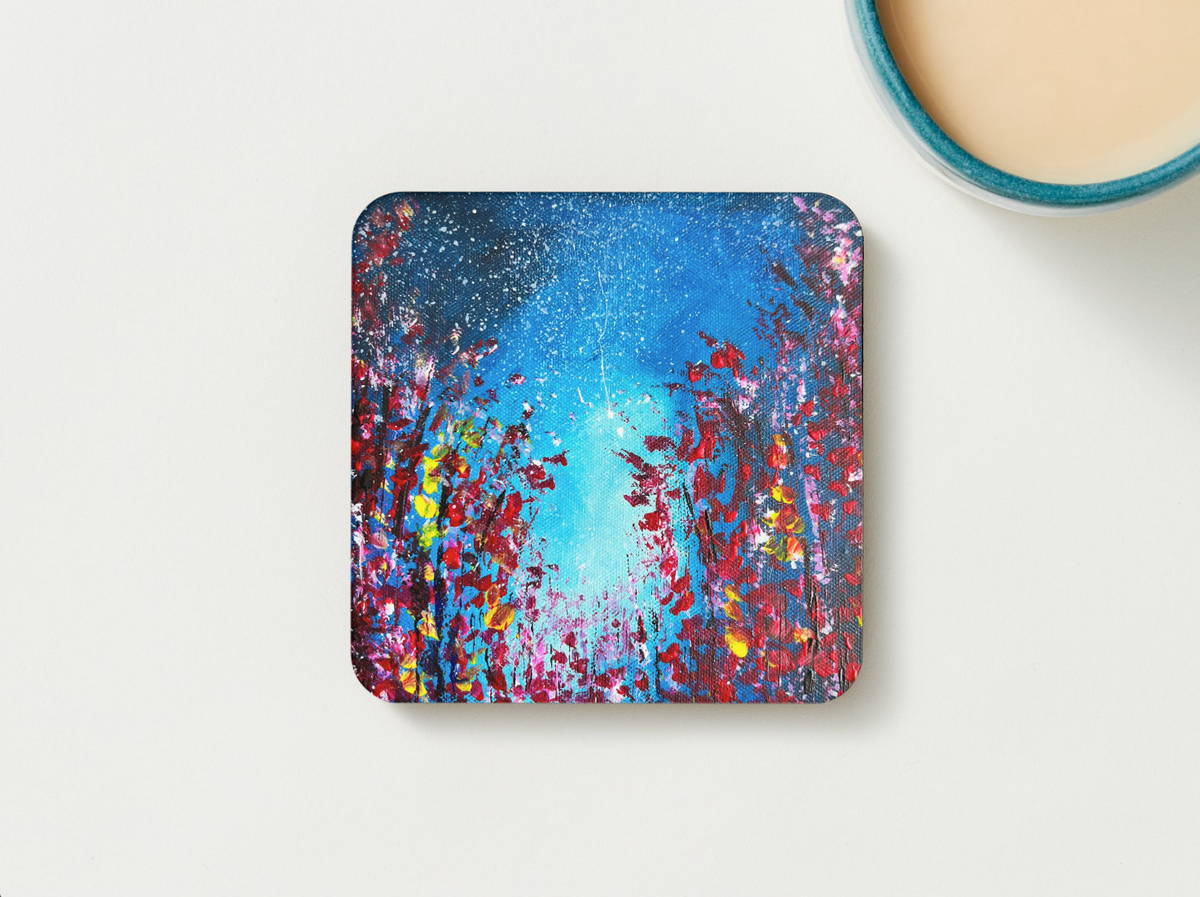 9.5cm square hardboard coaster featuring a glossy dark blue starry night sky and vibrant red flower acrylic painting.