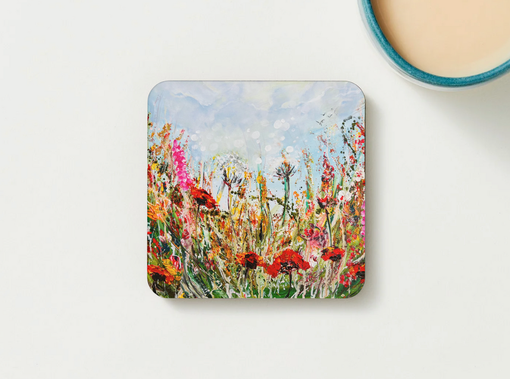 Square 9.5cm hardboard coaster featuring a vibrant, glossy hand-painted wildflower meadow design.