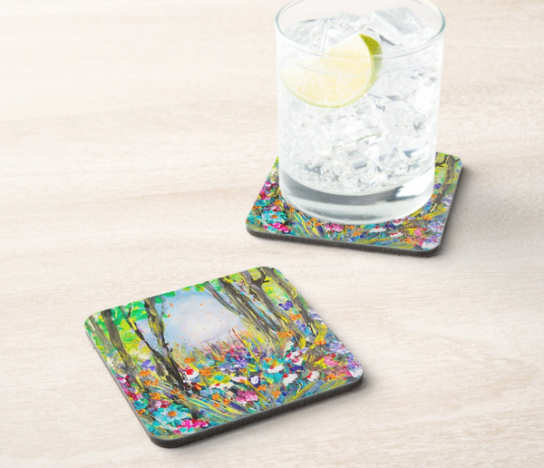 9.5x9.5cm hardboard coaster with a glossy yellow and green wildflower painting, featuring a durable cork back.