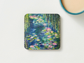 Square hardboard coaster with watercolor-style pond garden scene in blue, green, pink.