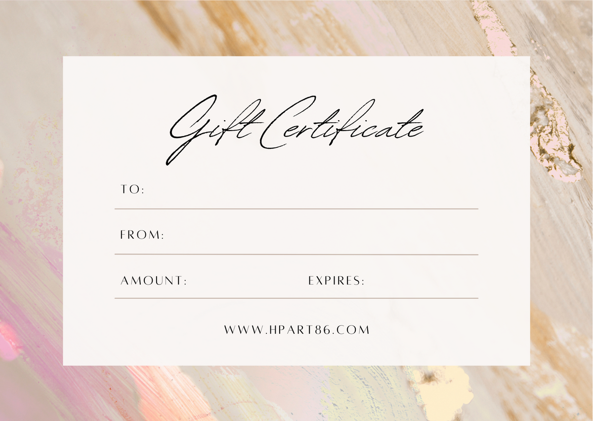 HP ART86 gift certificate with TO, FROM, AMOUNT, and EXPIRES fields