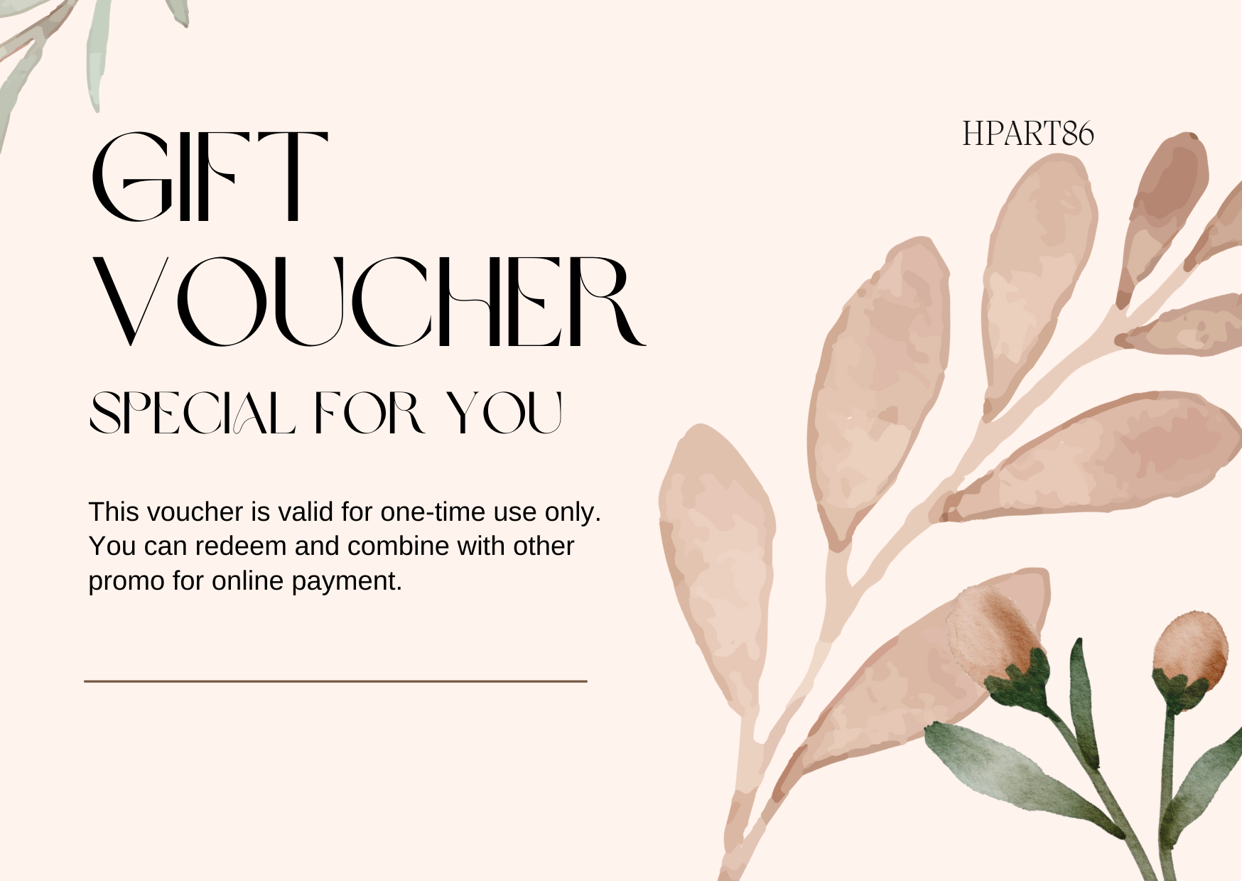 Gift voucher card showing GIFT VOUCHER, SPECIAL FOR YOU, and usage note