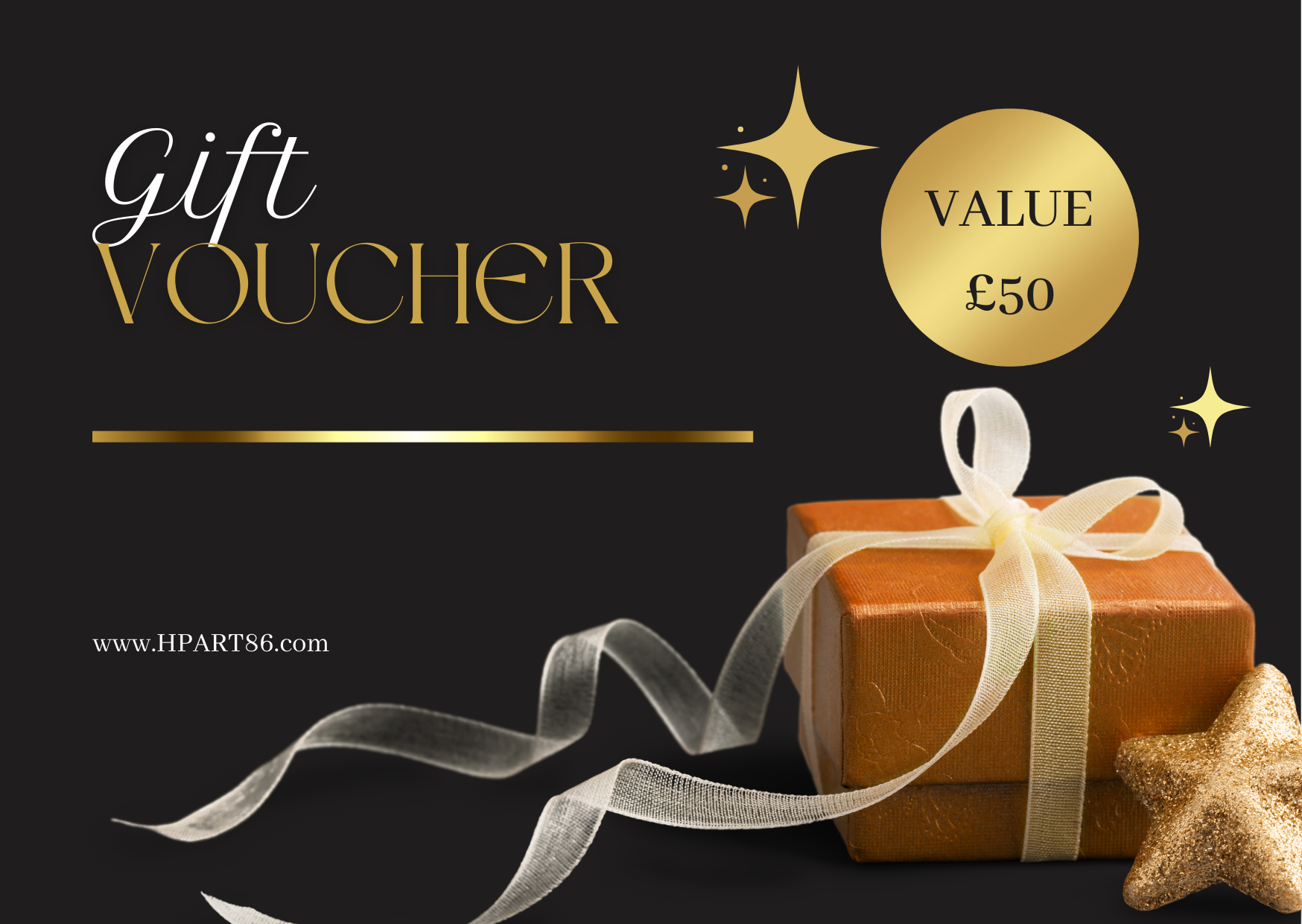 HP ART86 gift voucher, gold £50 badge with wrapped gift and ribbon