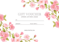 Gift voucher card with pink floral border, 'GIFT VOUCHER' text and blank fields