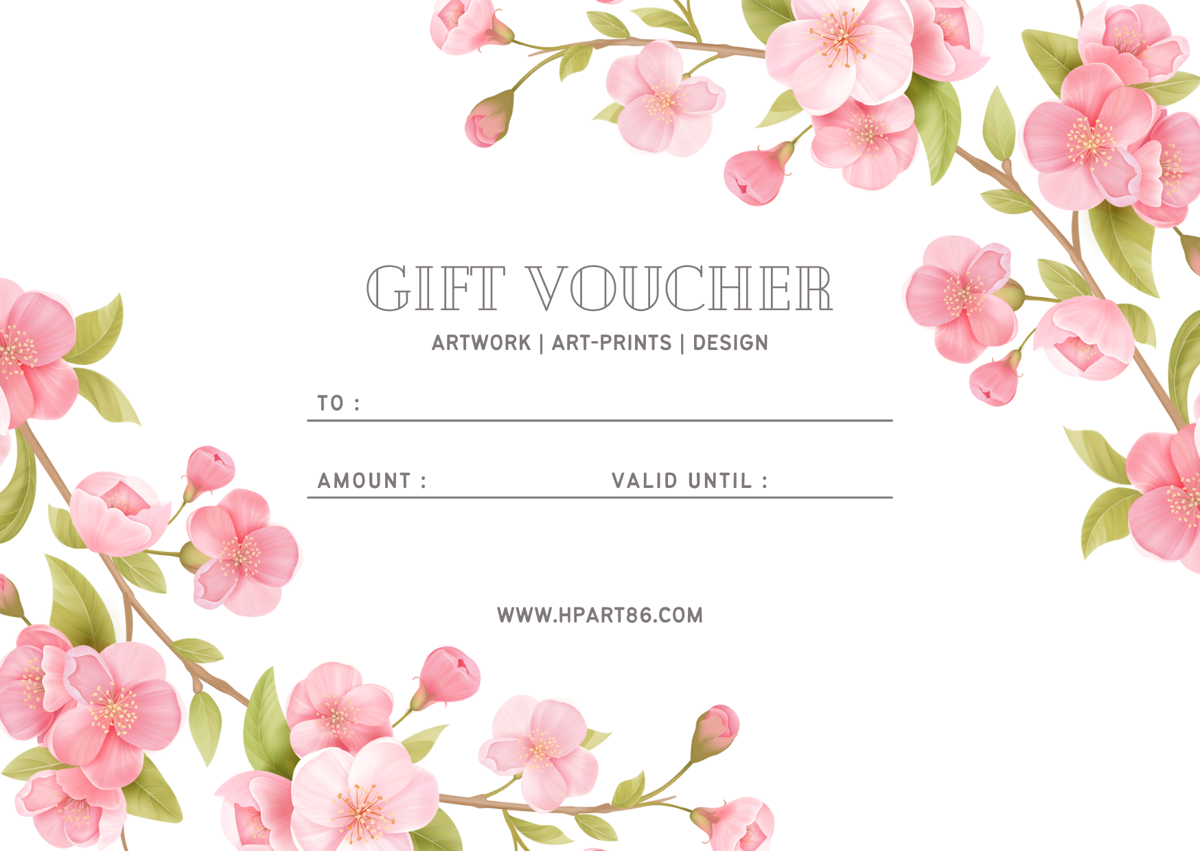 Gift voucher card with pink floral border, 'GIFT VOUCHER' text and blank fields