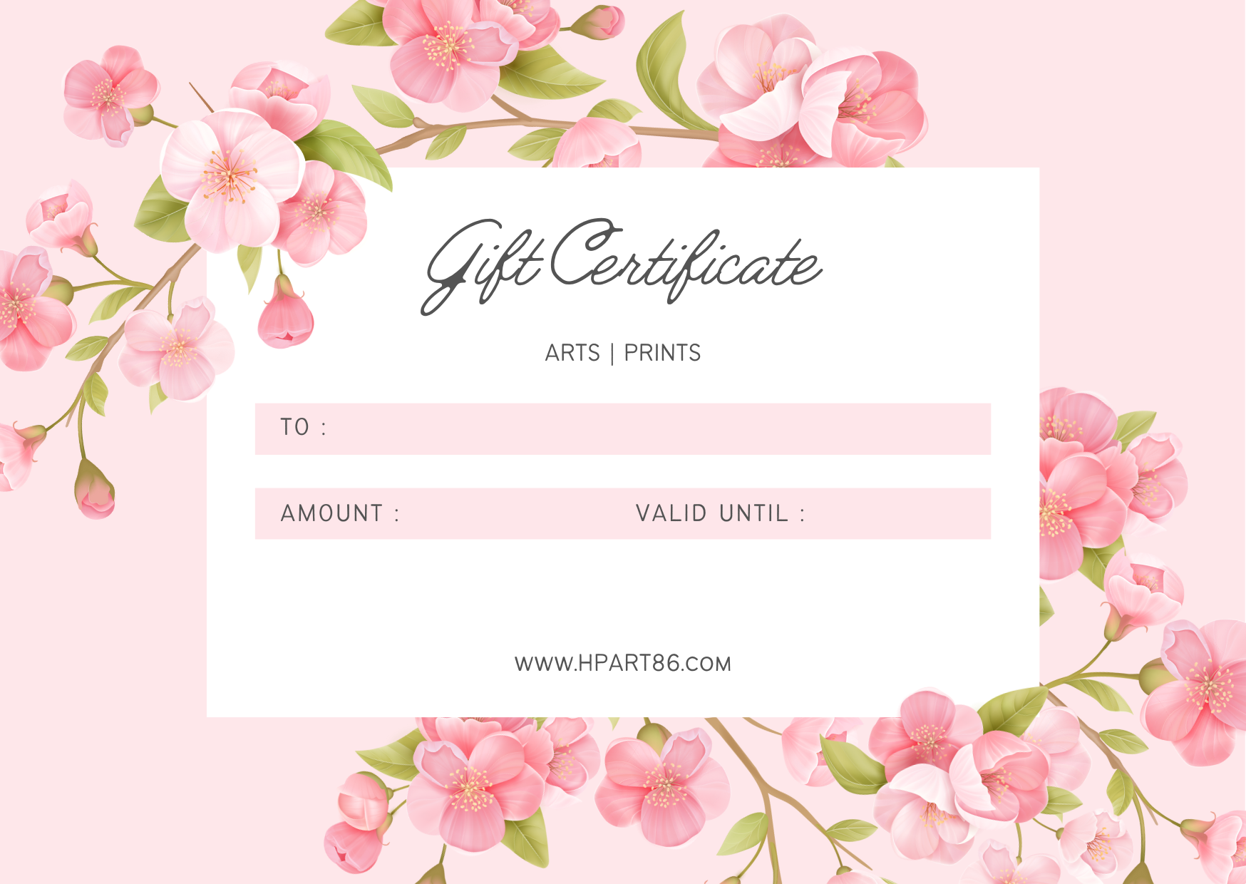 Pink floral gift certificate card with “Gift Certificate” heading and blank To/Amount fields