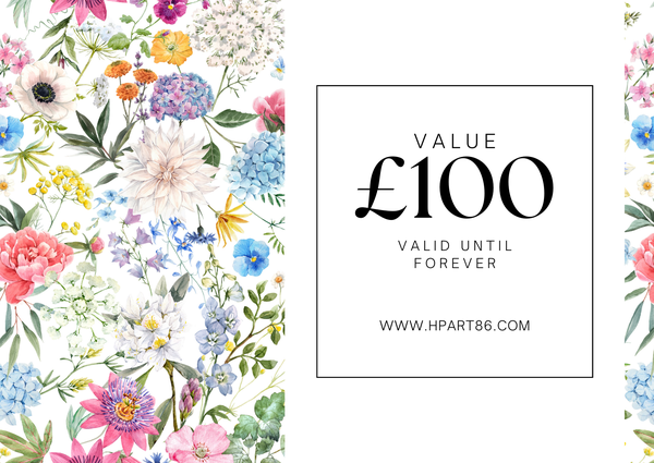 HP_ART86 gift card, value £100 with 'Valid until forever' and website