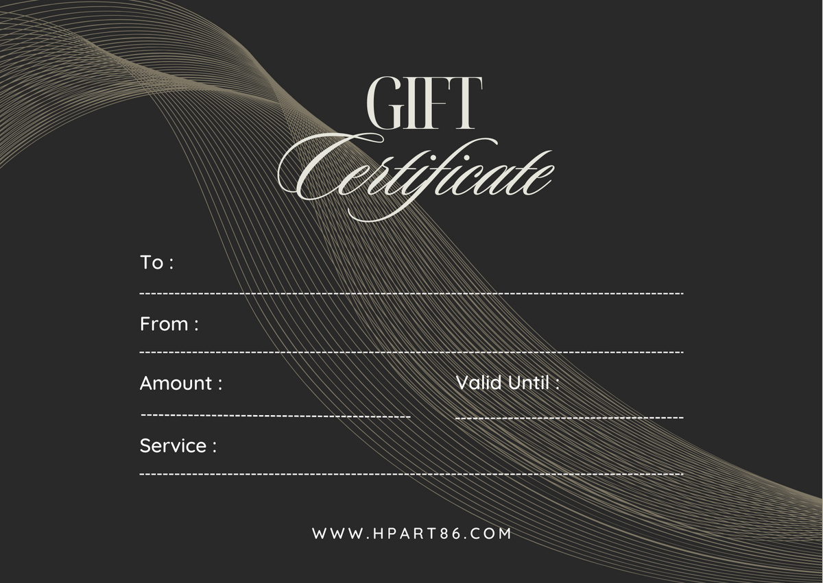 Gift certificate card with fields for To, From, Amount, Service, and Valid Until