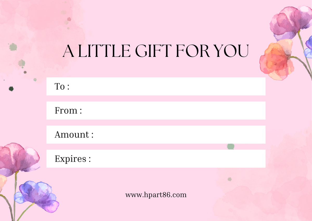 HP Art86 gift card with To, From, Amount, and Expires fields and www.hpart86.com