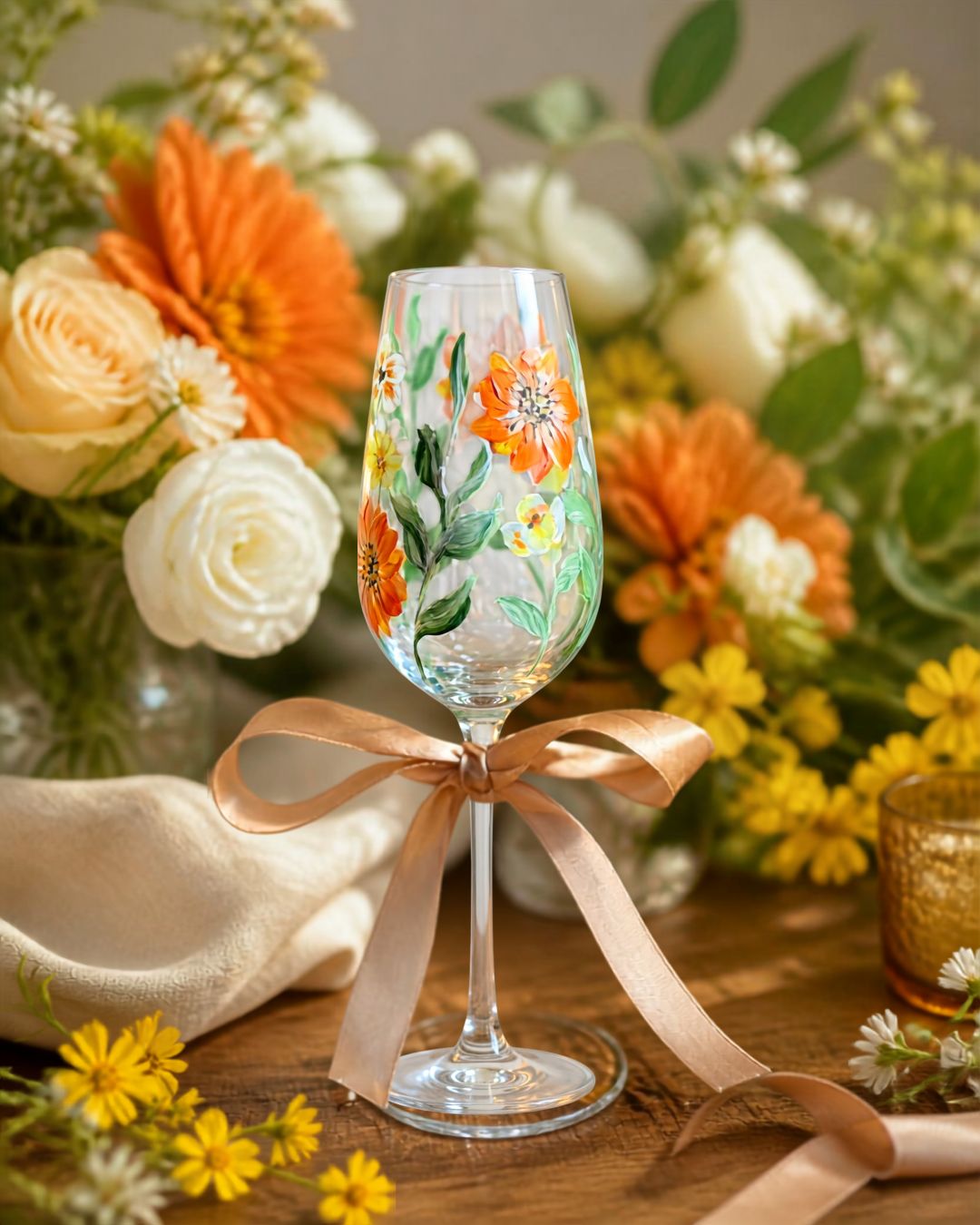 Hand-painted wine glass with orange and green floral design, beige ribbon bow