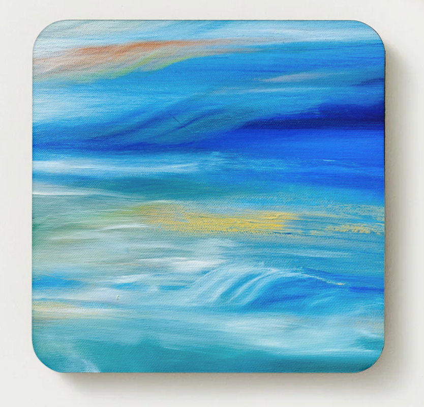 Hardboard coaster with blue ocean and sky gradient artwork, square with rounded corners
