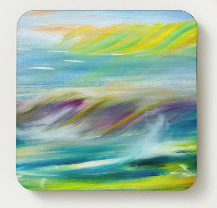 Hardboard coaster with multicolor coastal brushstroke artwork, square with rounded corners