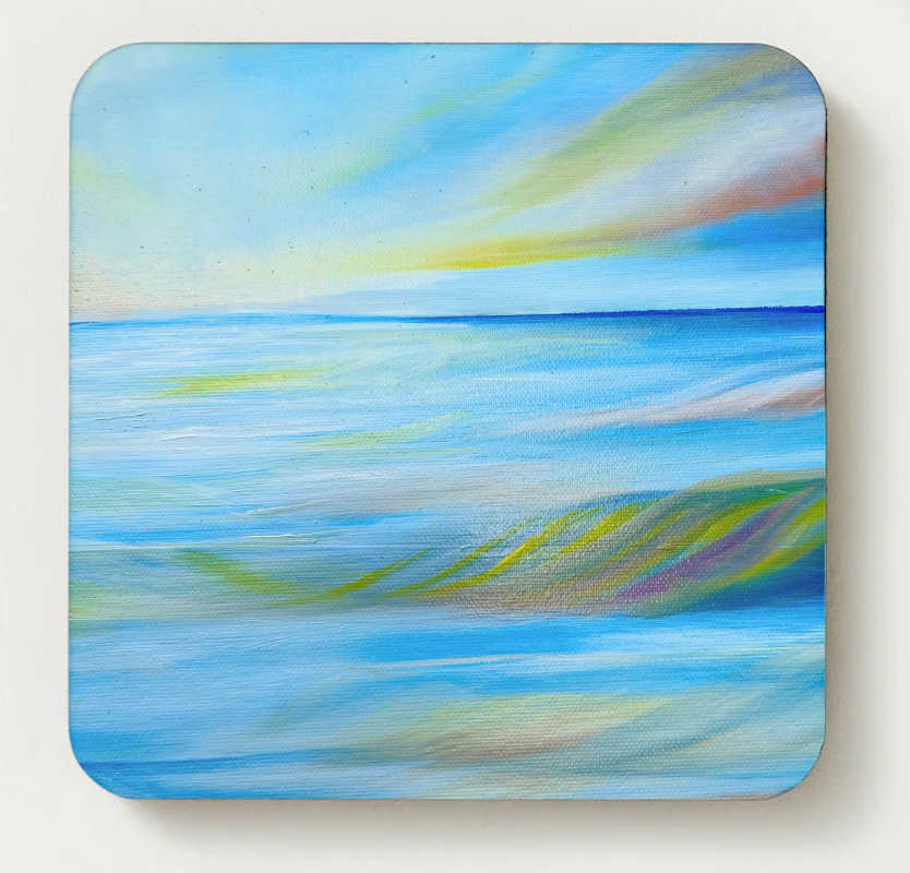 Hardboard coaster with blue sea landscape artwork, square with rounded corners