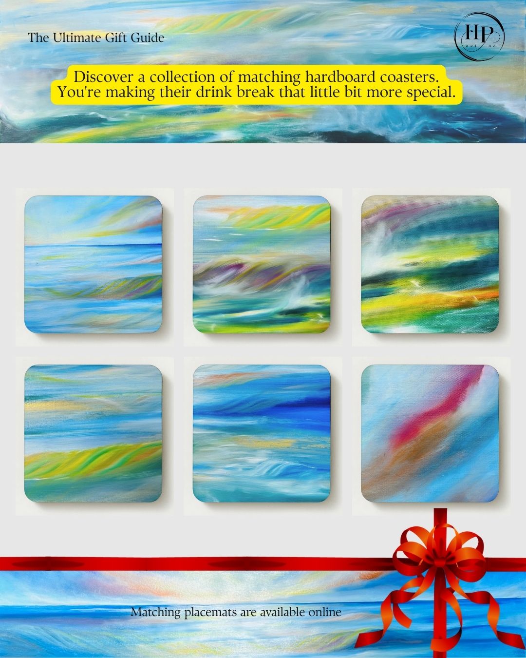 Set of matching hardboard coasters shown with assorted coastal artwork designs