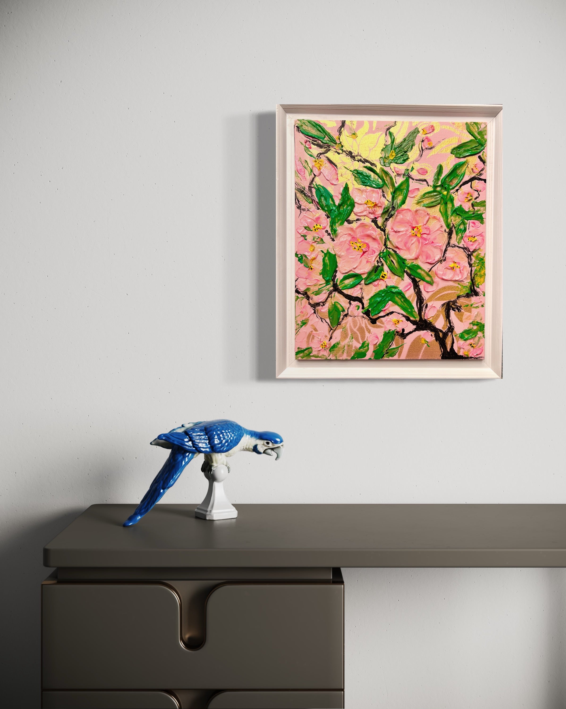 SPRING IS HERE  painting with golden background and textured cherry blossomed