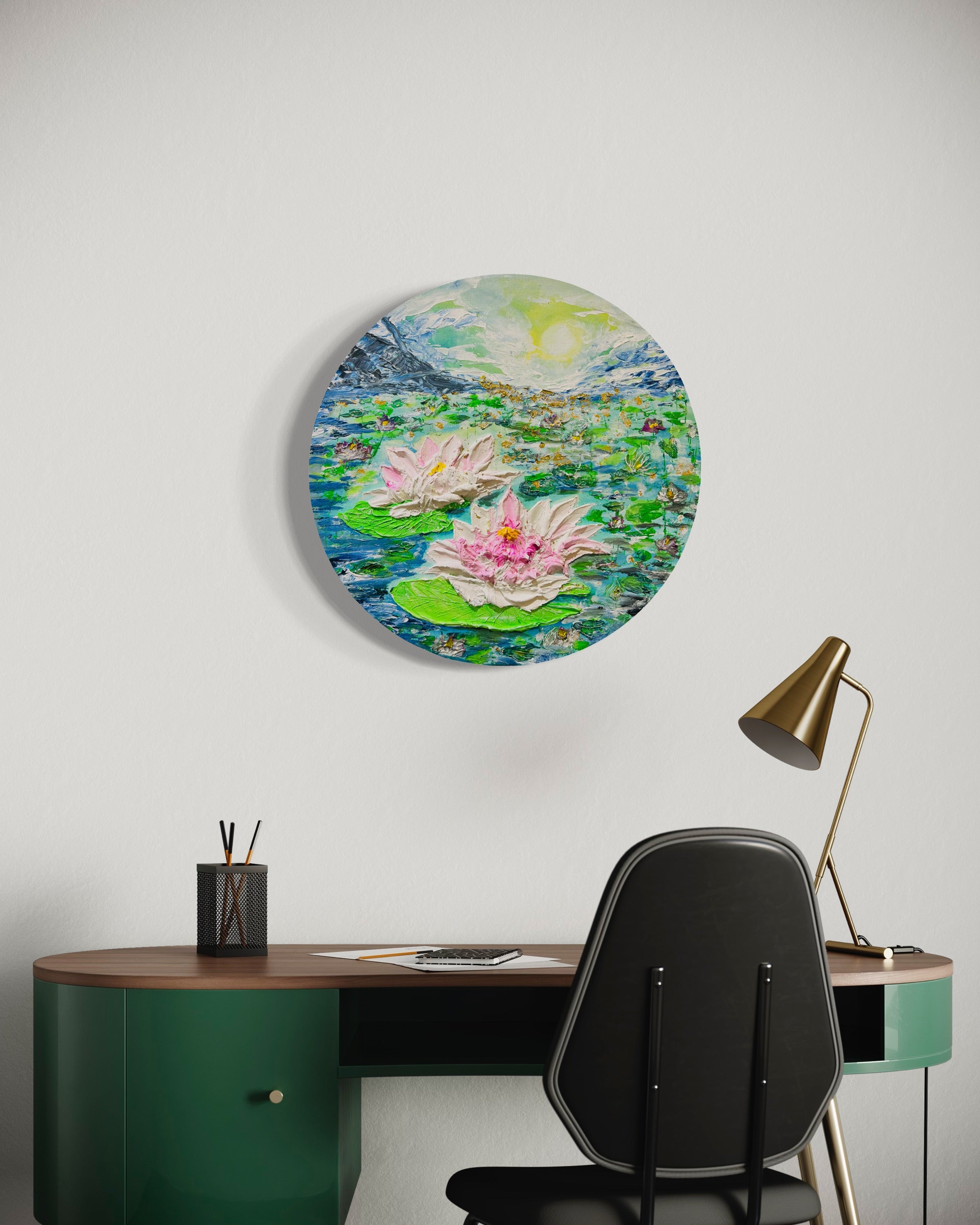 SUNRISE OVER THE POND Textured painting of waterlily pond at sunrise on round canvas