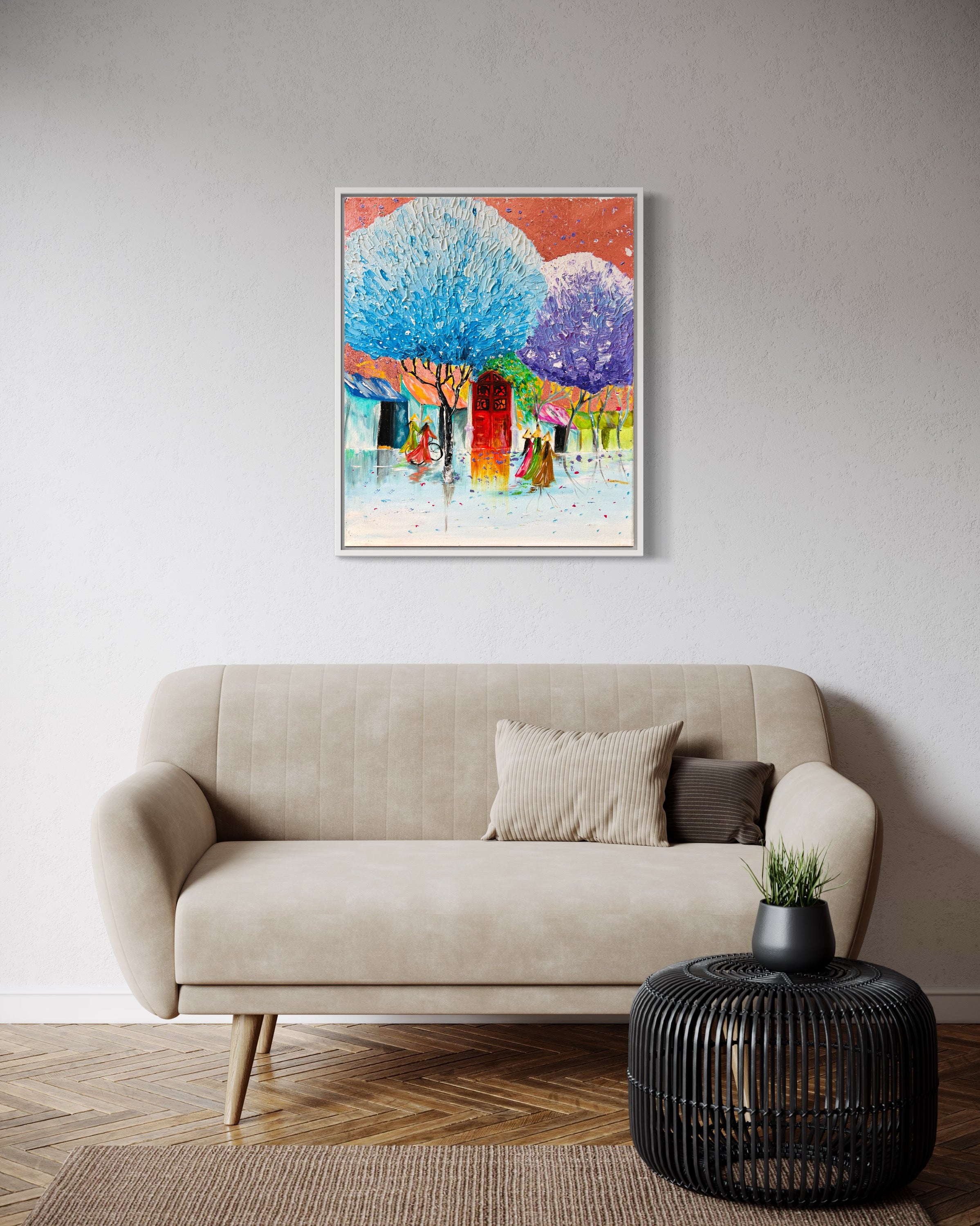 HANOI OLD TOWN Textured Landscape Painting 3D ART Rose Gold leaves Vietnam landscape