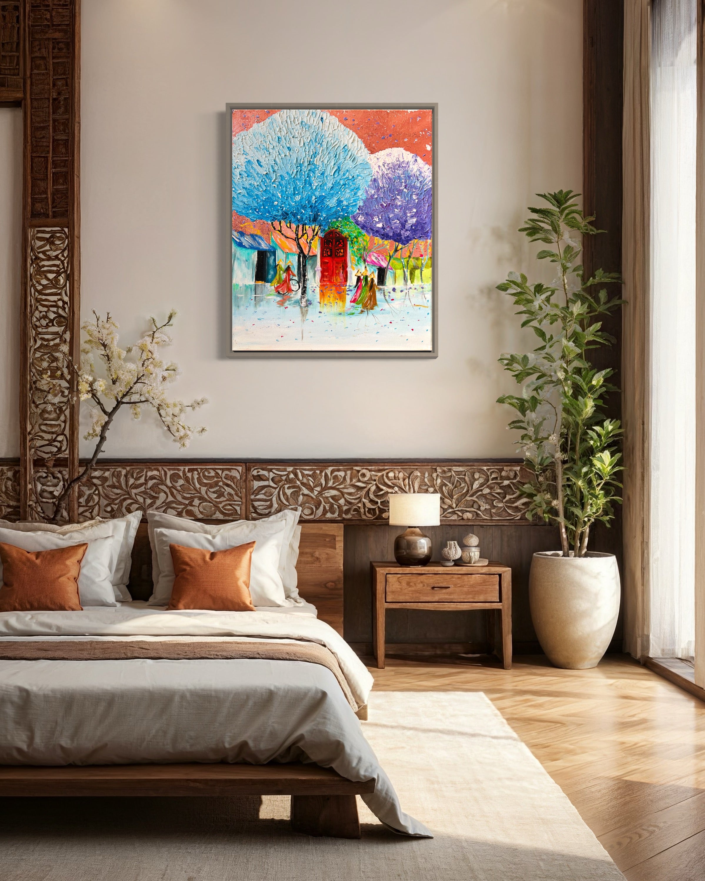 HANOI OLD TOWN Textured Landscape Painting 3D ART Rose Gold leaves Vietnam landscape