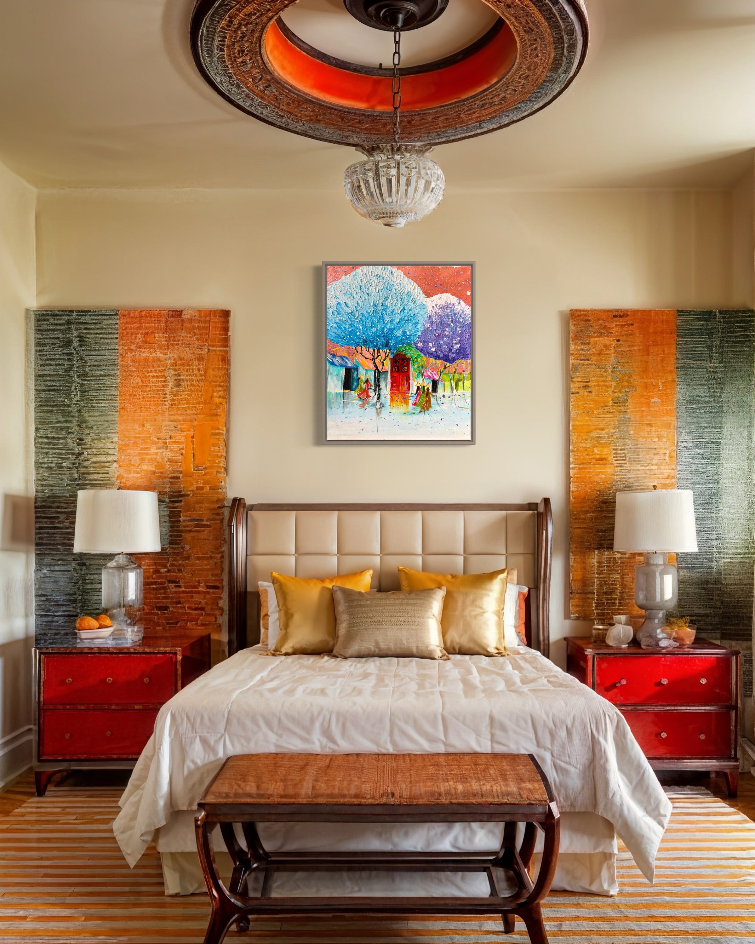 HANOI OLD TOWN Textured Landscape Painting 3D ART Rose Gold leaves Vietnam landscape