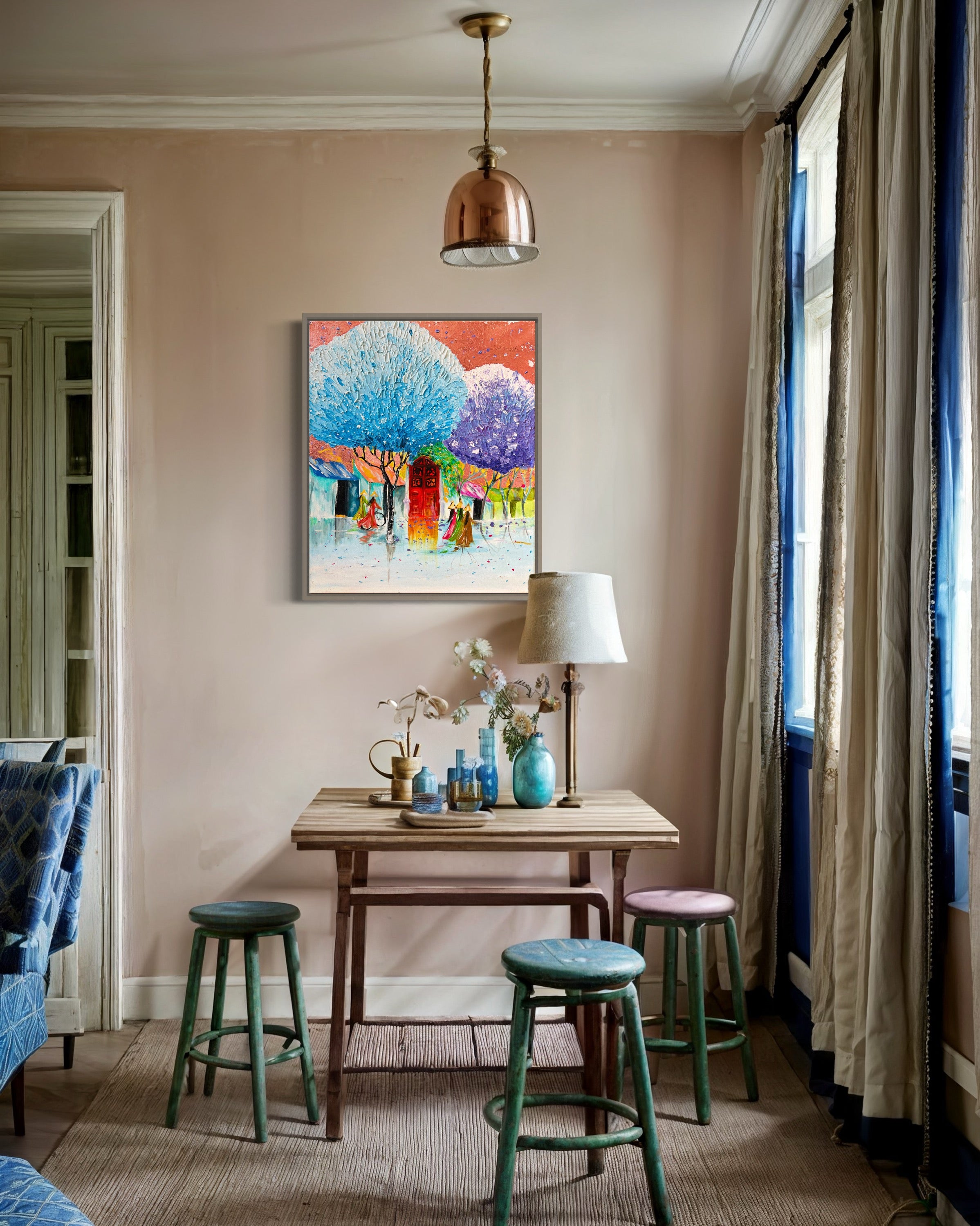 HANOI OLD TOWN Textured Landscape Painting 3D ART Rose Gold leaves Vietnam landscape