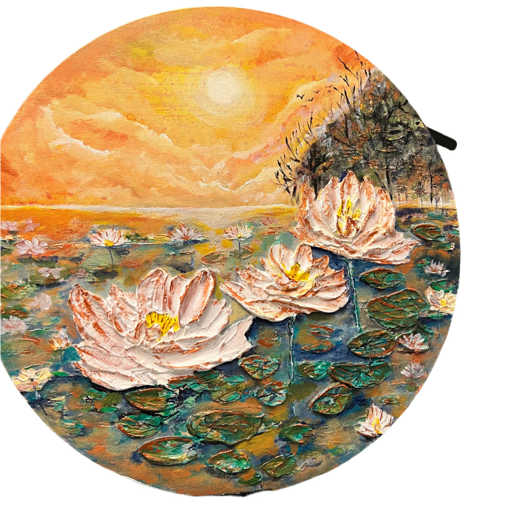 SERENADE IN STILL WATER Textured painting of waterlily pond at sunset round canvas