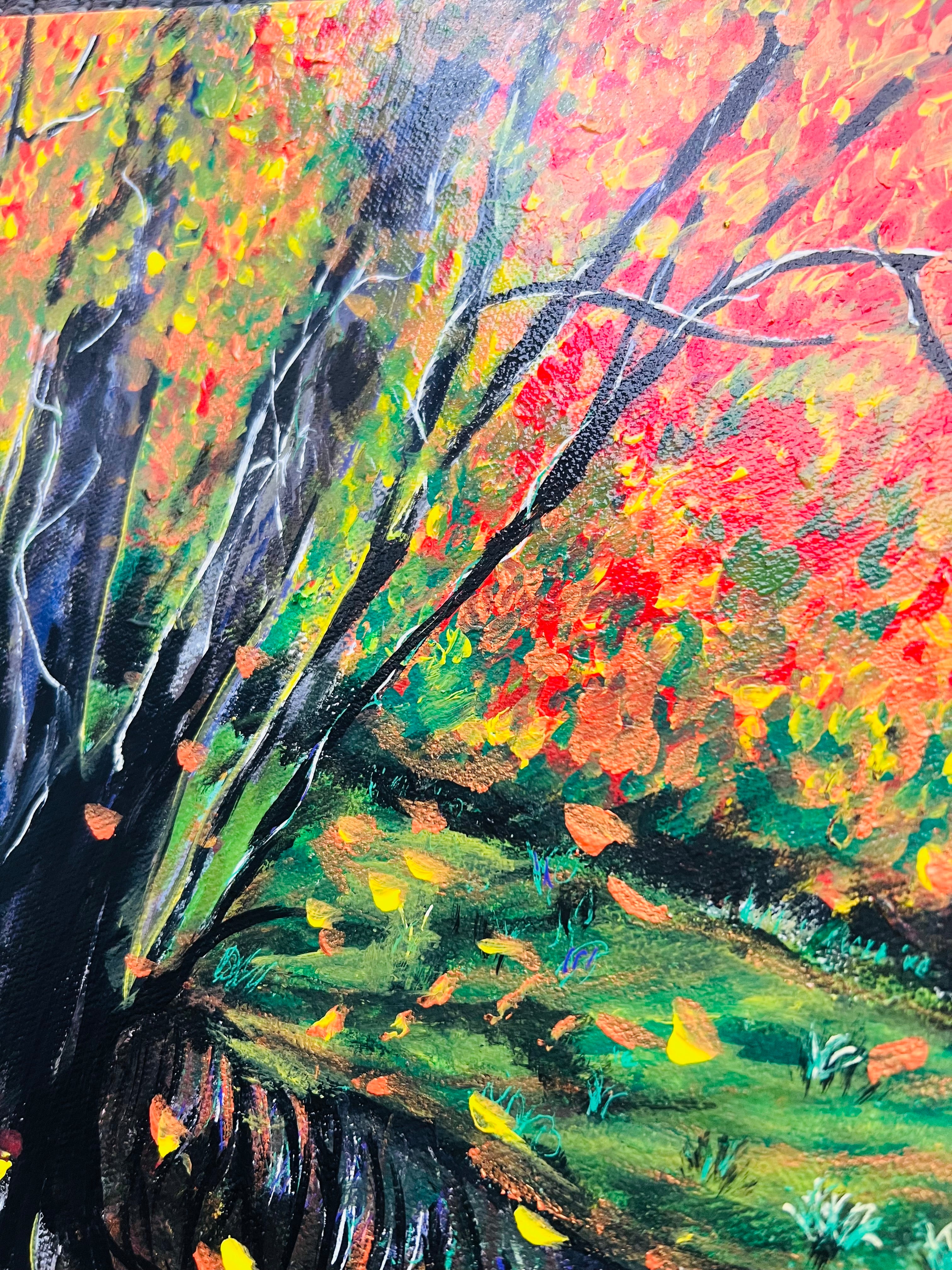 ROOTS - acrylic painting of tree with long roots in autumn by the lake