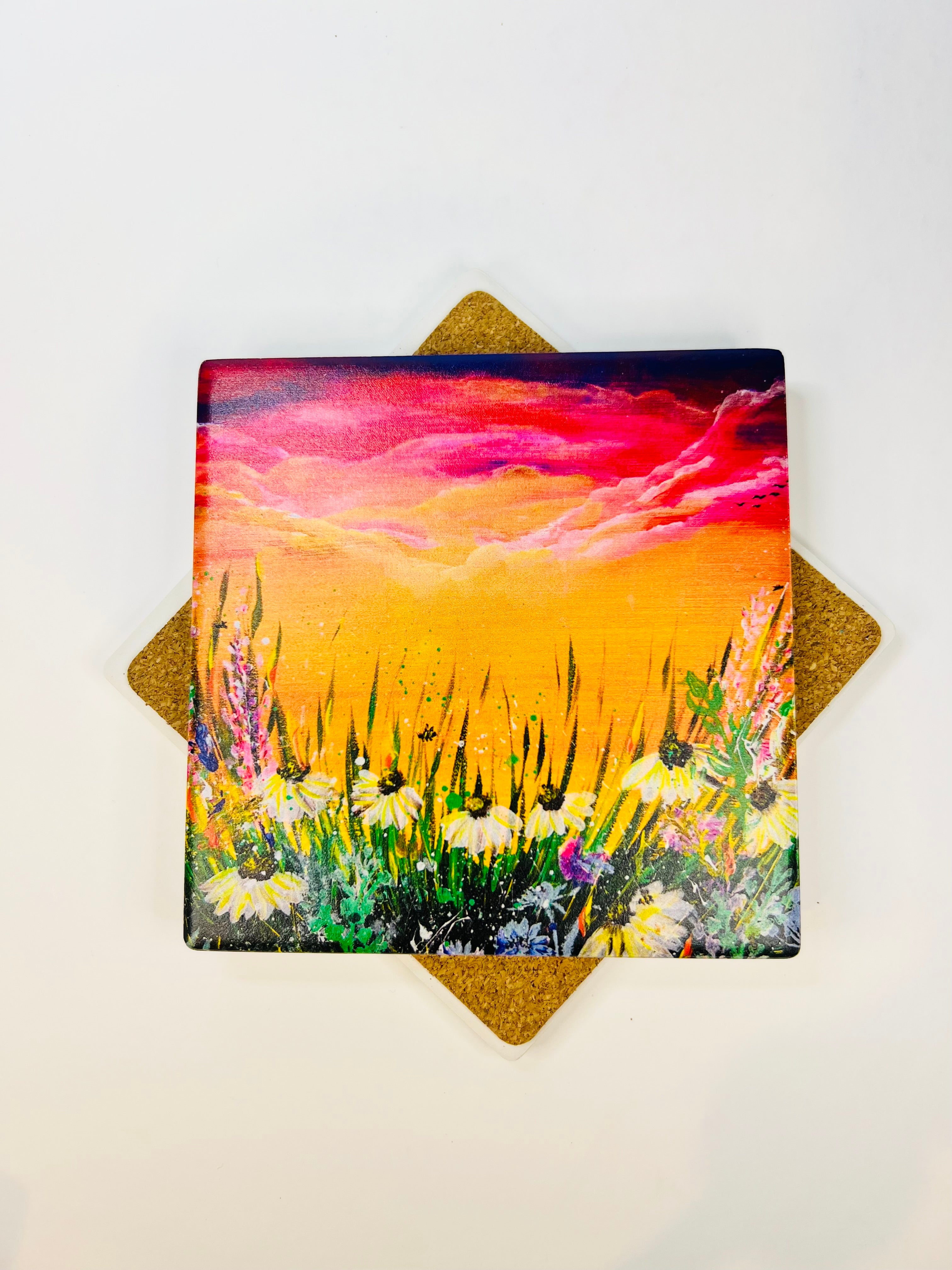 Square Ceramic Coaster "Symphony of Nature" Art Print Hand Painted 10x10cm