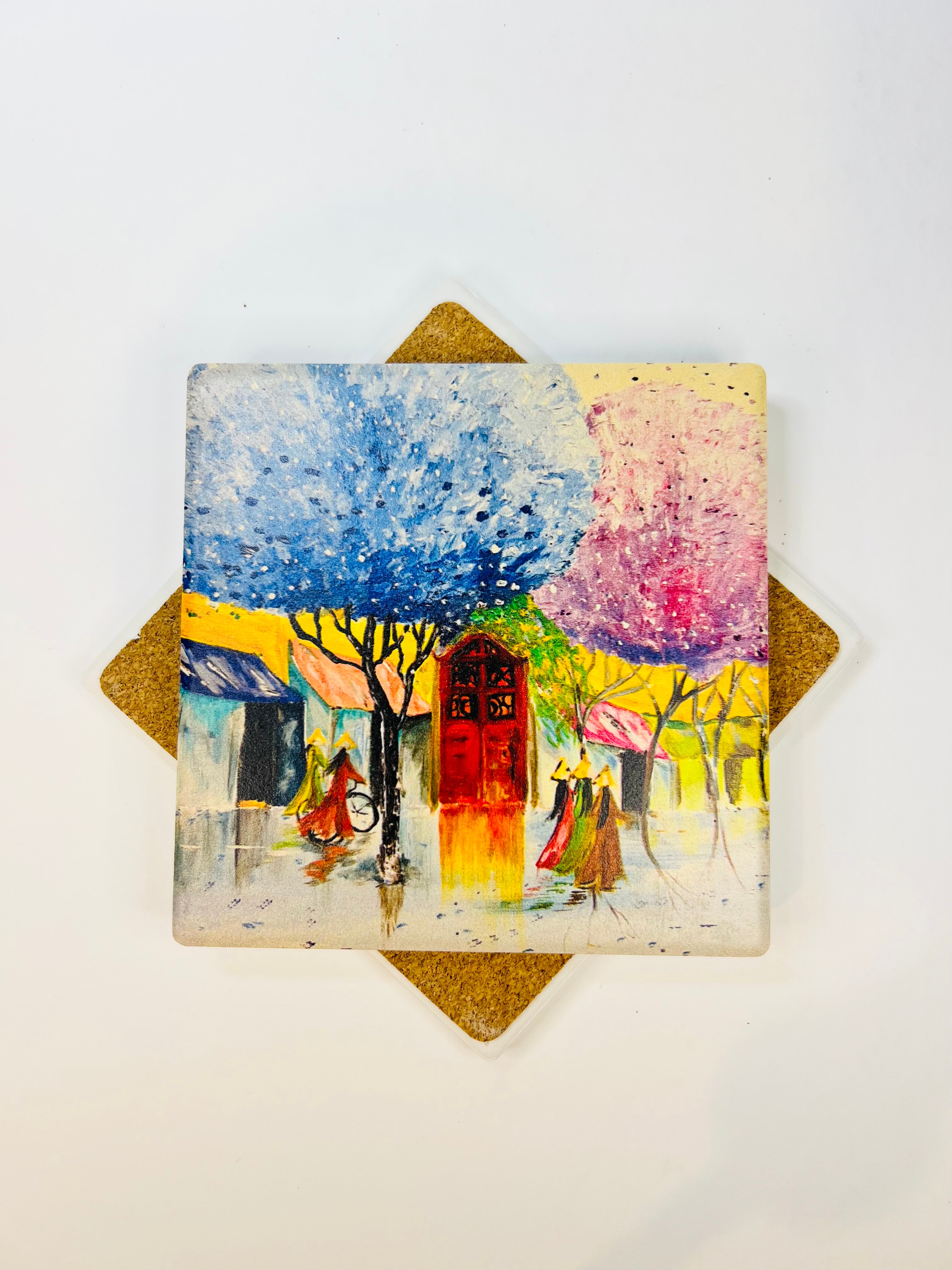 Square Ceramic Coaster "Hanoi Girls" Art Print Hand Painted 10x10cm