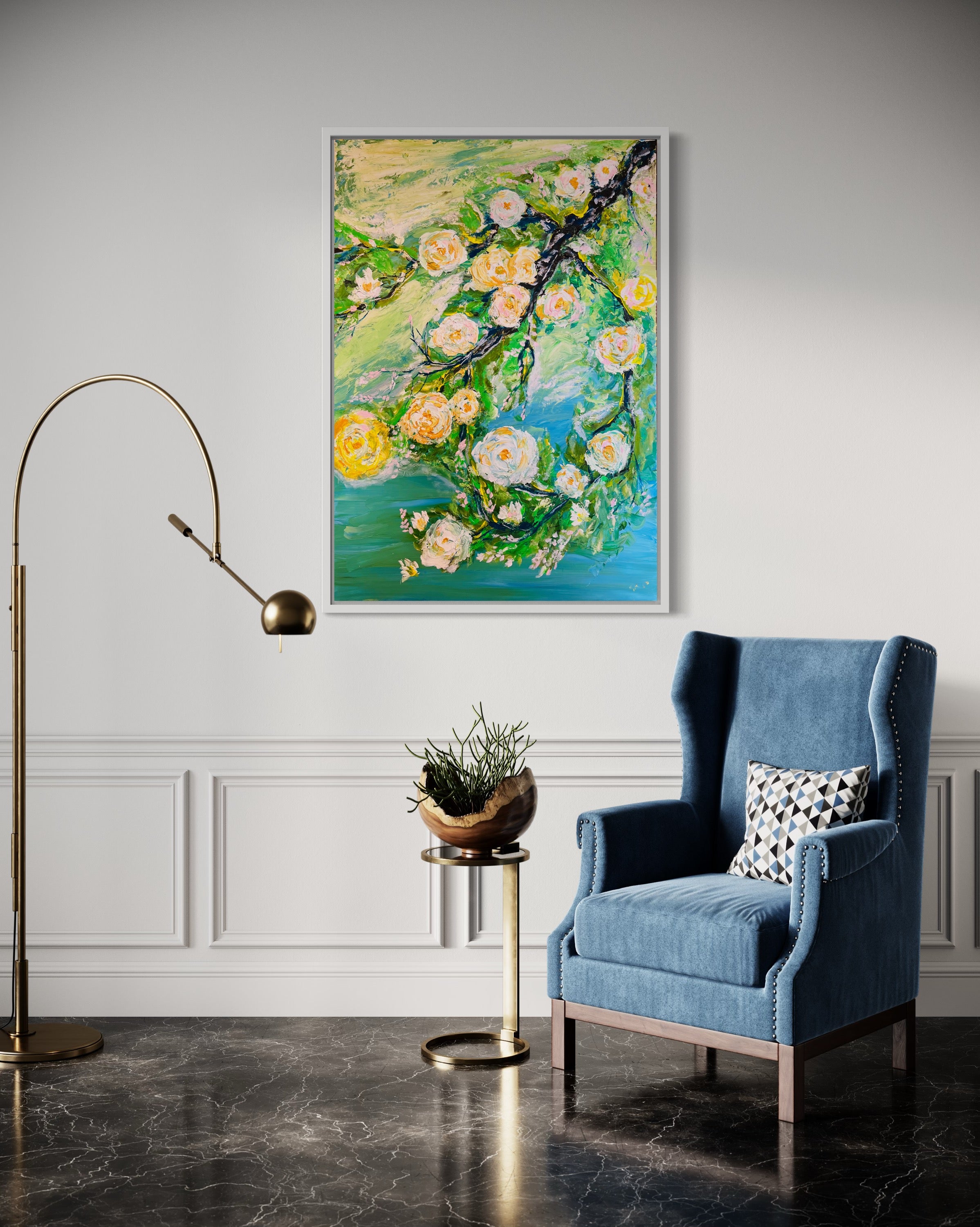 WHITE ROSES FRAMED Abstract texture hand painting original abstract Green Wall Art Decor